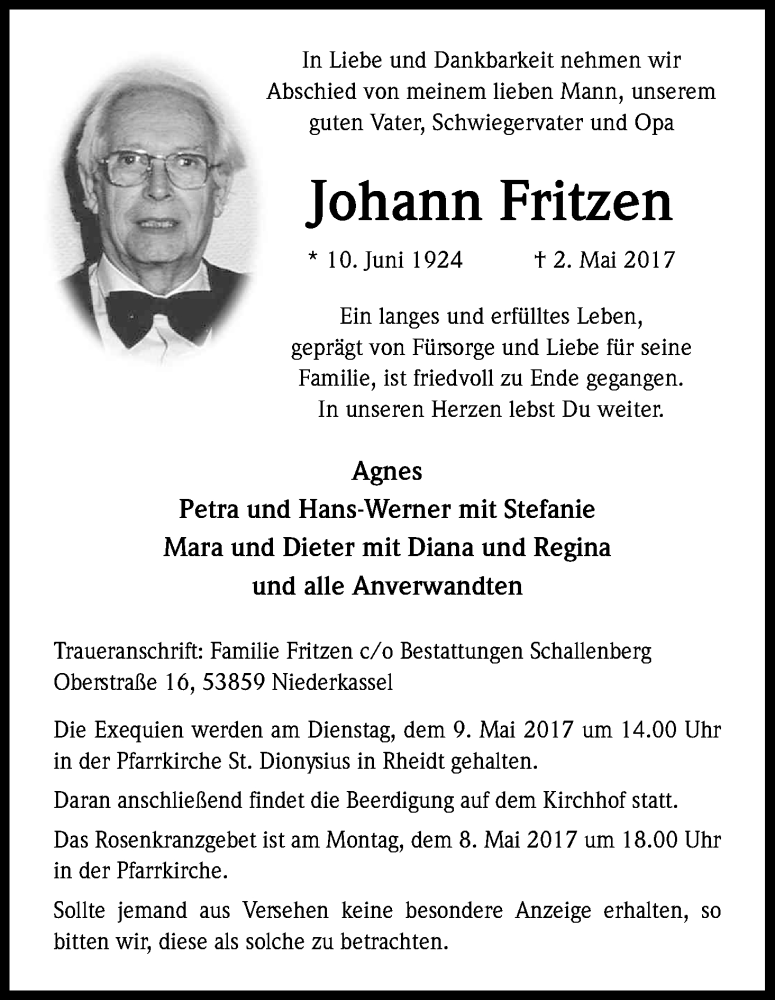  Traueranzeige für Johann Fritzen vom 06.05.2017 aus Kölner Stadt-Anzeiger / Kölnische Rundschau / Express