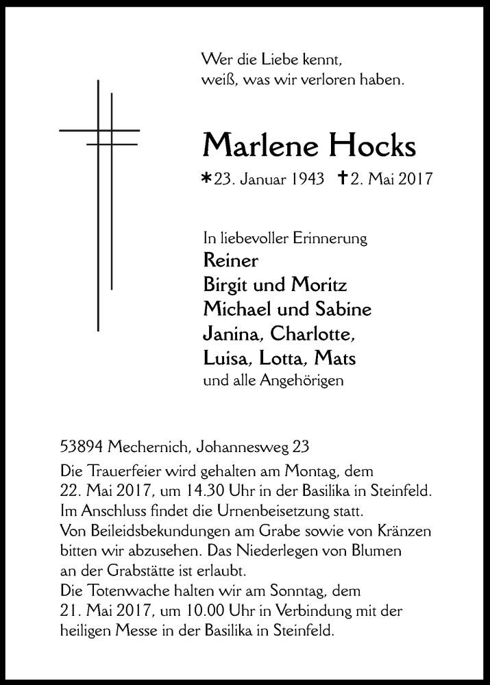  Traueranzeige für Marlene Hocks vom 13.05.2017 aus Kölner Stadt-Anzeiger / Kölnische Rundschau / Express