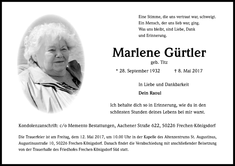  Traueranzeige für Marlene Gürtler vom 11.05.2017 aus Kölner Stadt-Anzeiger / Kölnische Rundschau / Express