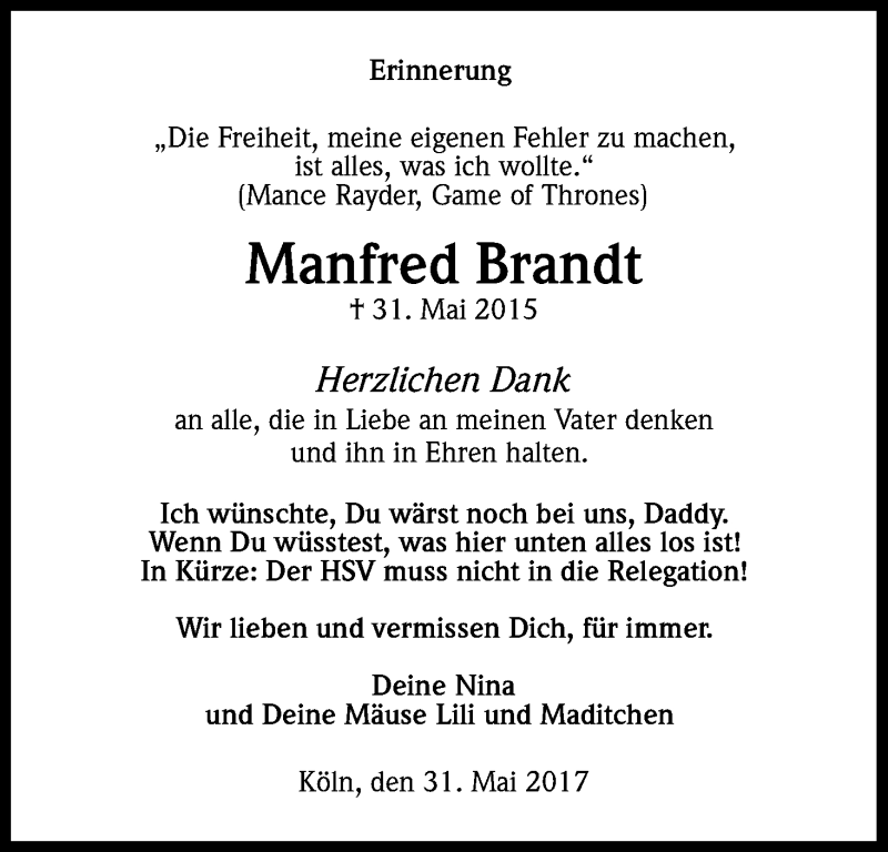  Traueranzeige für Manfred Brandt vom 31.05.2017 aus Kölner Stadt-Anzeiger / Kölnische Rundschau / Express