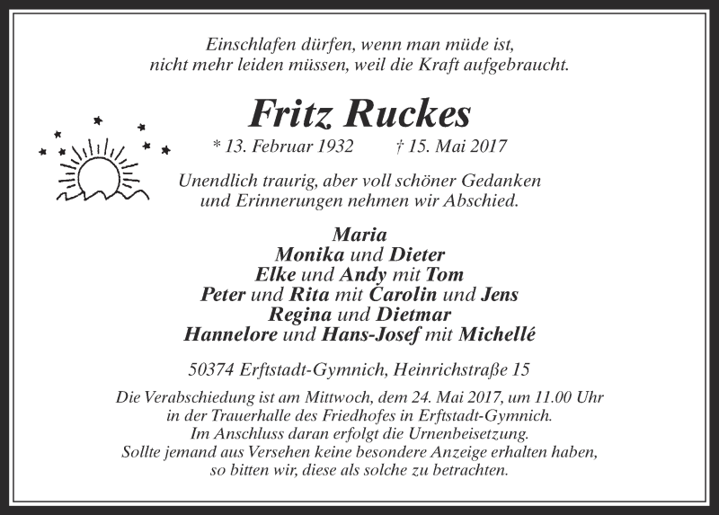  Traueranzeige für Fritz Ruckes vom 20.05.2017 aus  Sonntags-Post 