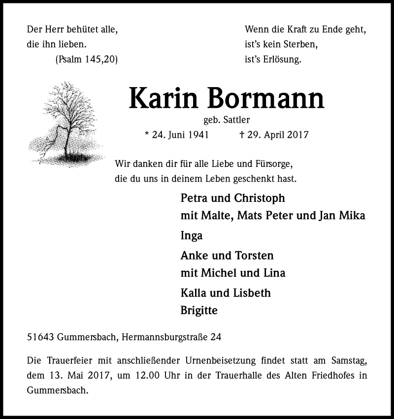  Traueranzeige für Karin Bormann vom 06.05.2017 aus Kölner Stadt-Anzeiger / Kölnische Rundschau / Express
