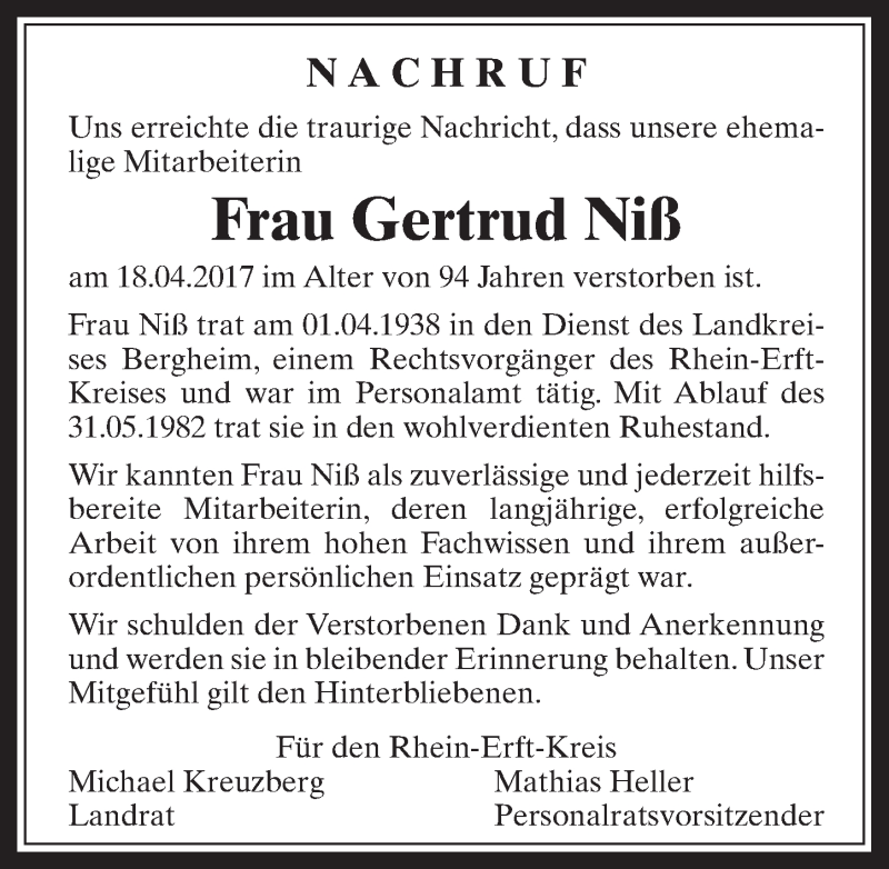  Traueranzeige für Gertrud Niß vom 03.05.2017 aus  Werbepost 