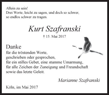 Anzeige von Kurt Szafranski von  Kölner Wochenspiegel 