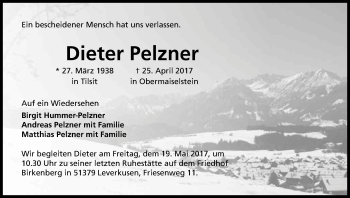 Anzeige von Dieter Pelzner von Kölner Stadt-Anzeiger / Kölnische Rundschau / Express