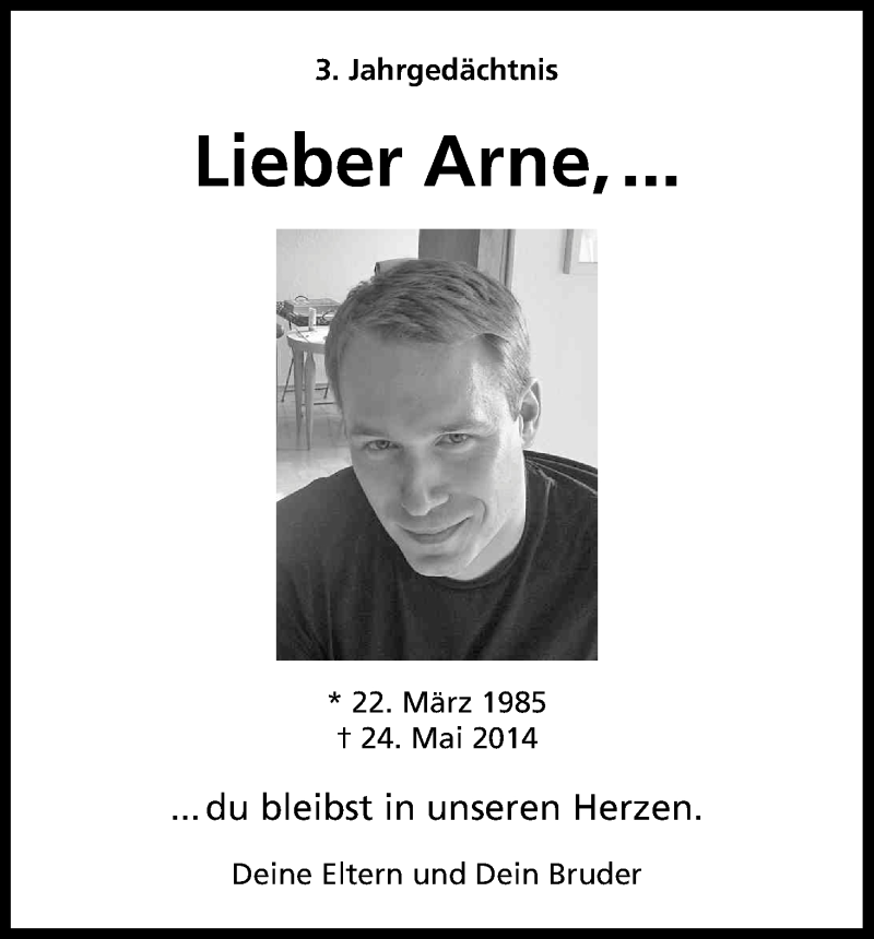  Traueranzeige für Arne Schäfer vom 24.05.2017 aus Kölner Stadt-Anzeiger / Kölnische Rundschau / Express