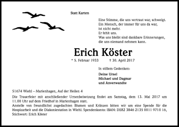 Anzeige von Erich Köster von Kölner Stadt-Anzeiger / Kölnische Rundschau / Express