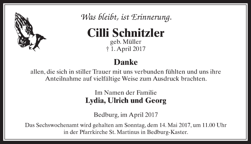  Traueranzeige für Cilli Schnitzler vom 03.05.2017 aus  Werbepost 