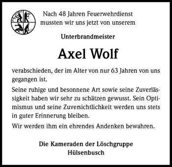 Anzeige von Axel Wolf von Kölner Stadt-Anzeiger / Kölnische Rundschau / Express