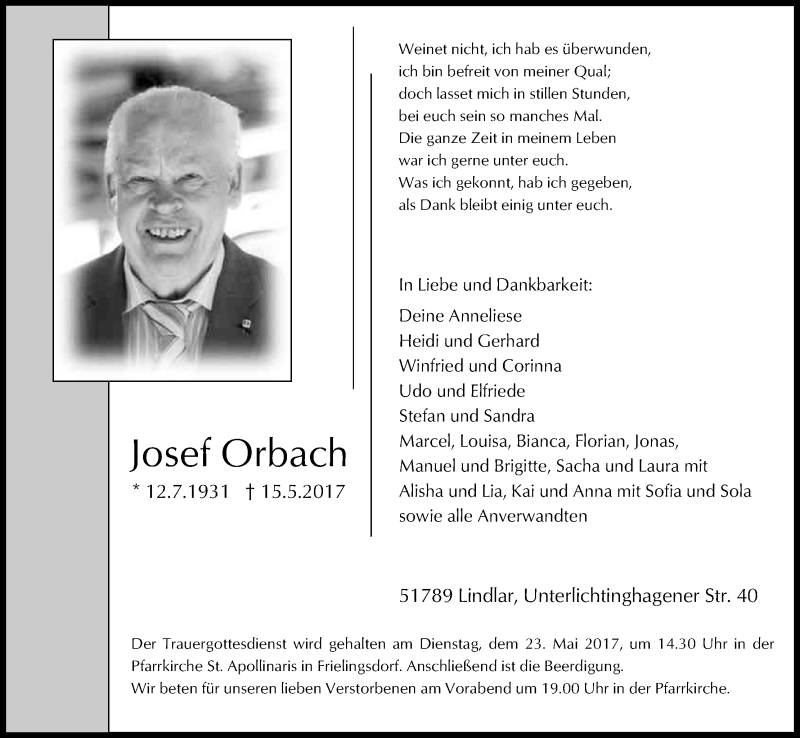  Traueranzeige für Josef Orbach vom 18.05.2017 aus Kölner Stadt-Anzeiger / Kölnische Rundschau / Express