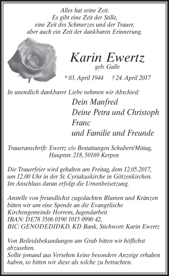 Anzeige von Karin Ewertz von  Sonntags-Post 