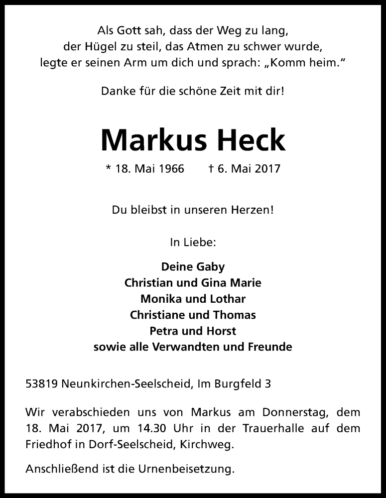  Traueranzeige für Markus Heck vom 13.05.2017 aus Kölner Stadt-Anzeiger / Kölnische Rundschau / Express