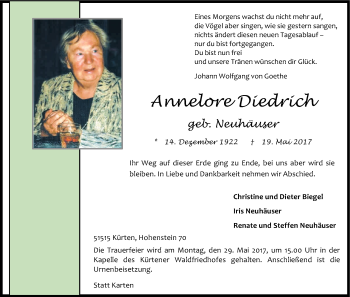 Anzeige von Annelore Diedrich von Kölner Stadt-Anzeiger / Kölnische Rundschau / Express