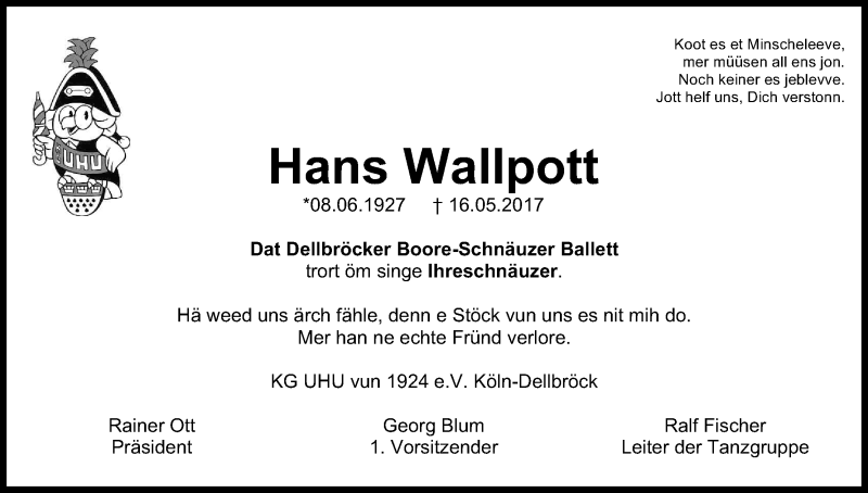  Traueranzeige für Hans Wallpott vom 23.05.2017 aus Kölner Stadt-Anzeiger / Kölnische Rundschau / Express