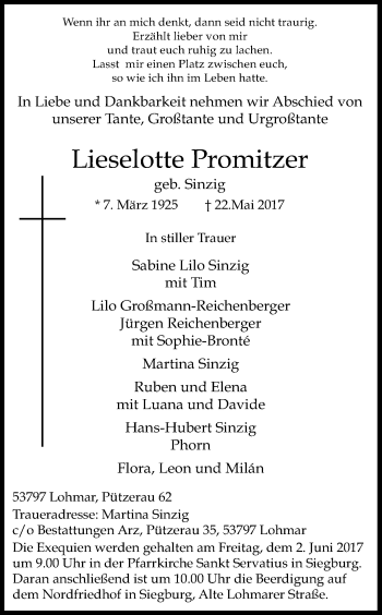 Anzeige von Lieselotte Promitzer von Kölner Stadt-Anzeiger / Kölnische Rundschau / Express