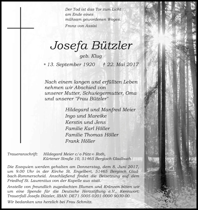  Traueranzeige für Josefa Bützler vom 31.05.2017 aus Kölner Stadt-Anzeiger / Kölnische Rundschau / Express