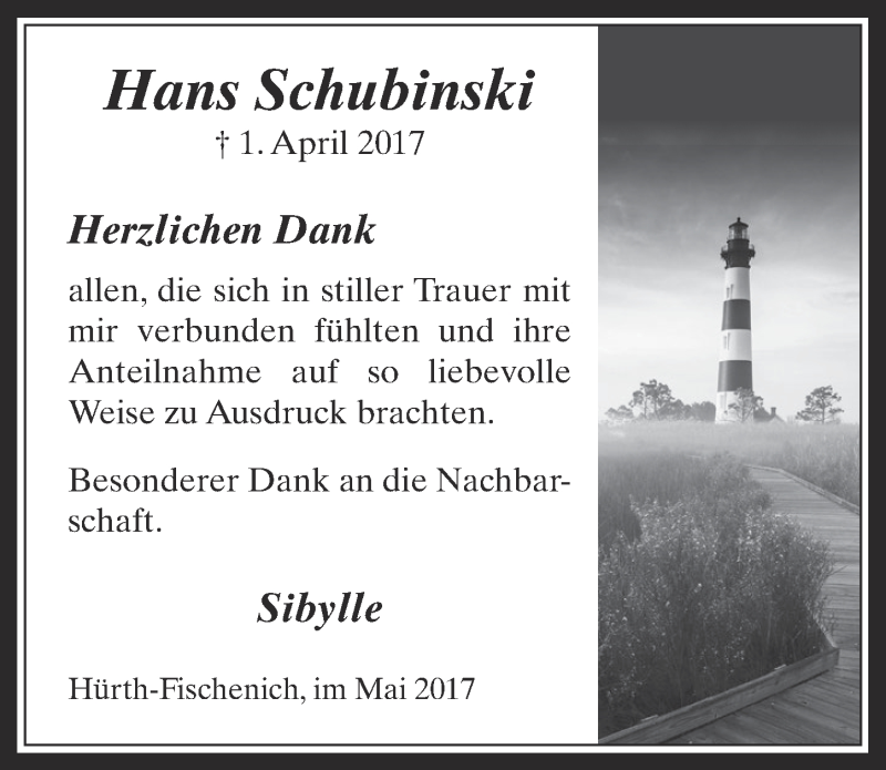 Traueranzeige für Hans Schubinski vom 10.05.2017 aus  Wochenende 