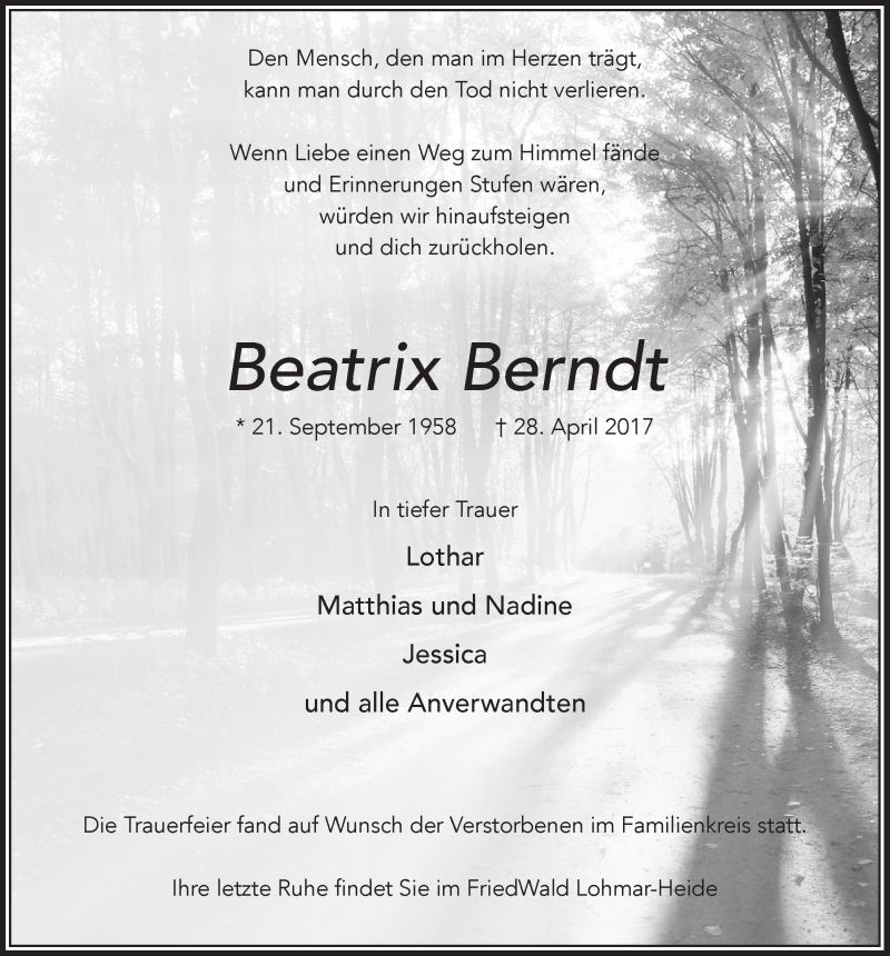  Traueranzeige für Beatrix Berndt vom 24.05.2017 aus  Anzeigen Echo 