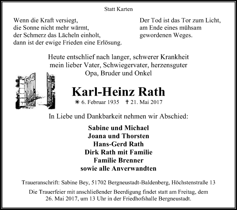  Traueranzeige für Karl-Heinz Rath vom 23.05.2017 aus Kölner Stadt-Anzeiger / Kölnische Rundschau / Express