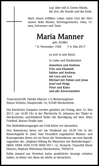 Anzeige von Maria Manner von Kölner Stadt-Anzeiger / Kölnische Rundschau / Express