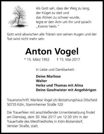 Anzeige von Anton Vogel von Kölner Stadt-Anzeiger / Kölnische Rundschau / Express