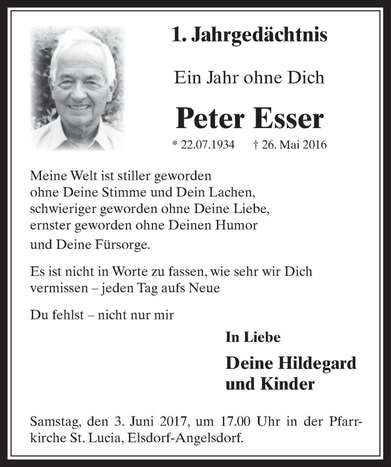  Traueranzeige für Peter Esser vom 31.05.2017 aus  Werbepost 