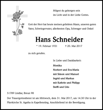 Anzeige von Hans Schneider von Kölner Stadt-Anzeiger / Kölnische Rundschau / Express