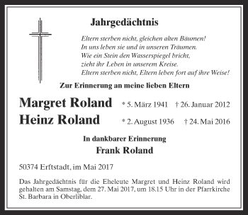 Anzeige von Margret/Heinz Roland von  Werbepost 