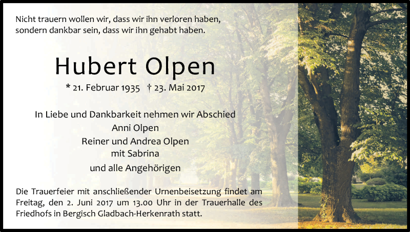  Traueranzeige für Hubert Olpen vom 27.05.2017 aus Kölner Stadt-Anzeiger / Kölnische Rundschau / Express