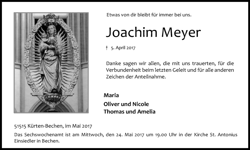  Traueranzeige für Joachim Meyer vom 20.05.2017 aus Kölner Stadt-Anzeiger / Kölnische Rundschau / Express