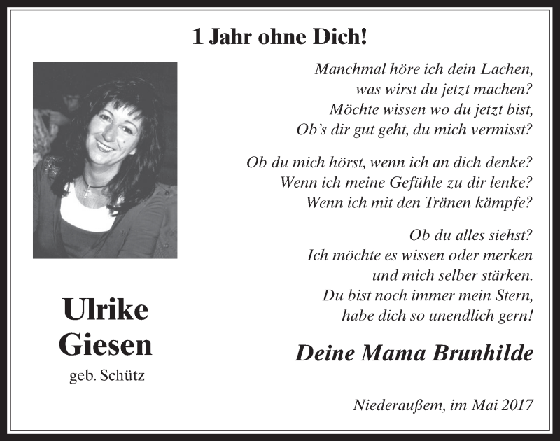  Traueranzeige für Ulrike Giesen vom 13.05.2017 aus  Sonntags-Post 