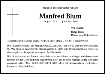 Anzeige von Manfred Blum von Kölner Stadt-Anzeiger / Kölnische Rundschau / Express
