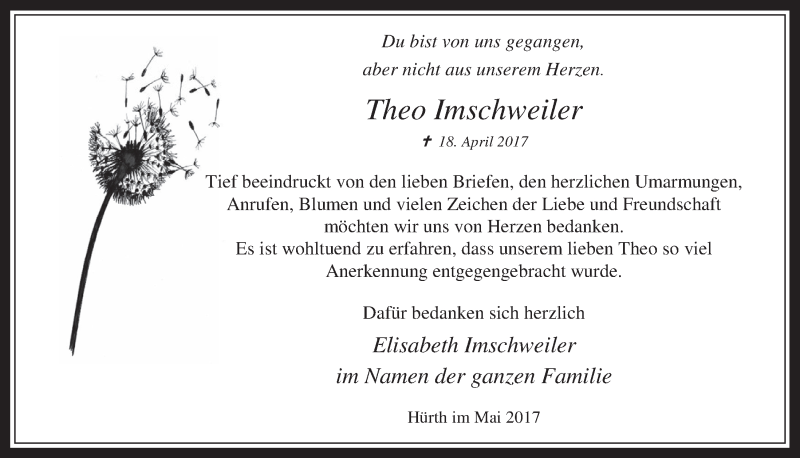  Traueranzeige für Theo Imscheiler vom 17.05.2017 aus  Wochenende 