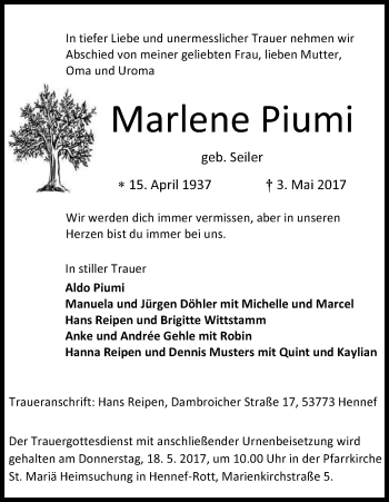 Anzeige von Marlene Piumi von Kölner Stadt-Anzeiger / Kölnische Rundschau / Express