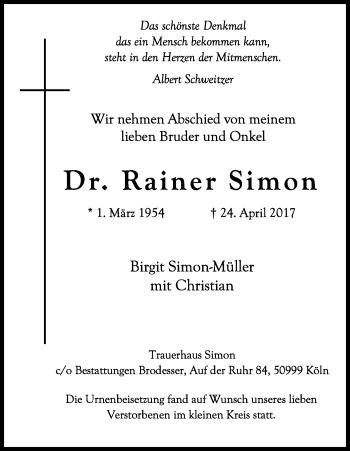 Anzeige von Rainer Simon von Kölner Stadt-Anzeiger / Kölnische Rundschau / Express