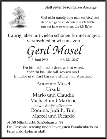 Anzeige von Gerd Mosel von  Kölner Wochenspiegel 