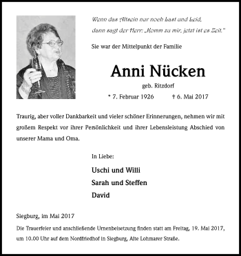 Anzeige von Anni Nücken von Kölner Stadt-Anzeiger / Kölnische Rundschau / Express