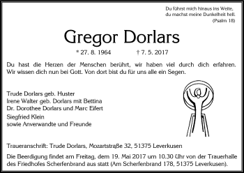 Anzeige von Gregor Dorlars von Kölner Stadt-Anzeiger / Kölnische Rundschau / Express