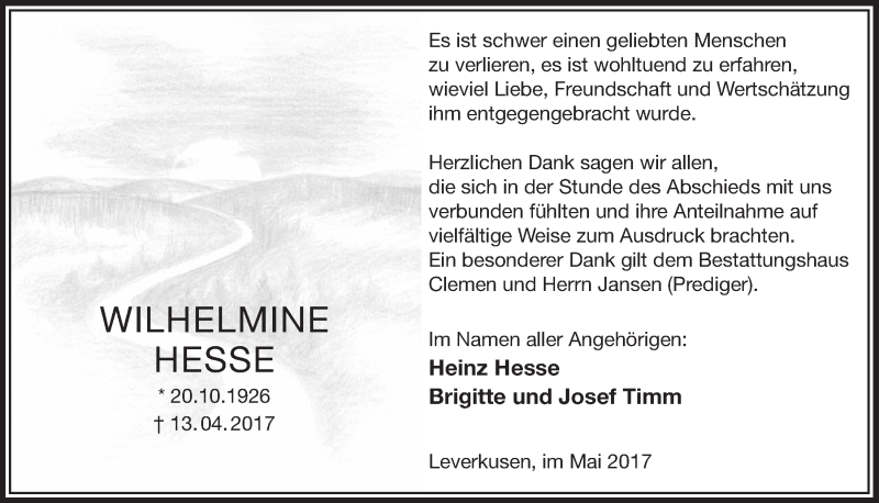  Traueranzeige für Wilhelmine Hesse vom 17.05.2017 aus  Lokale Informationen 