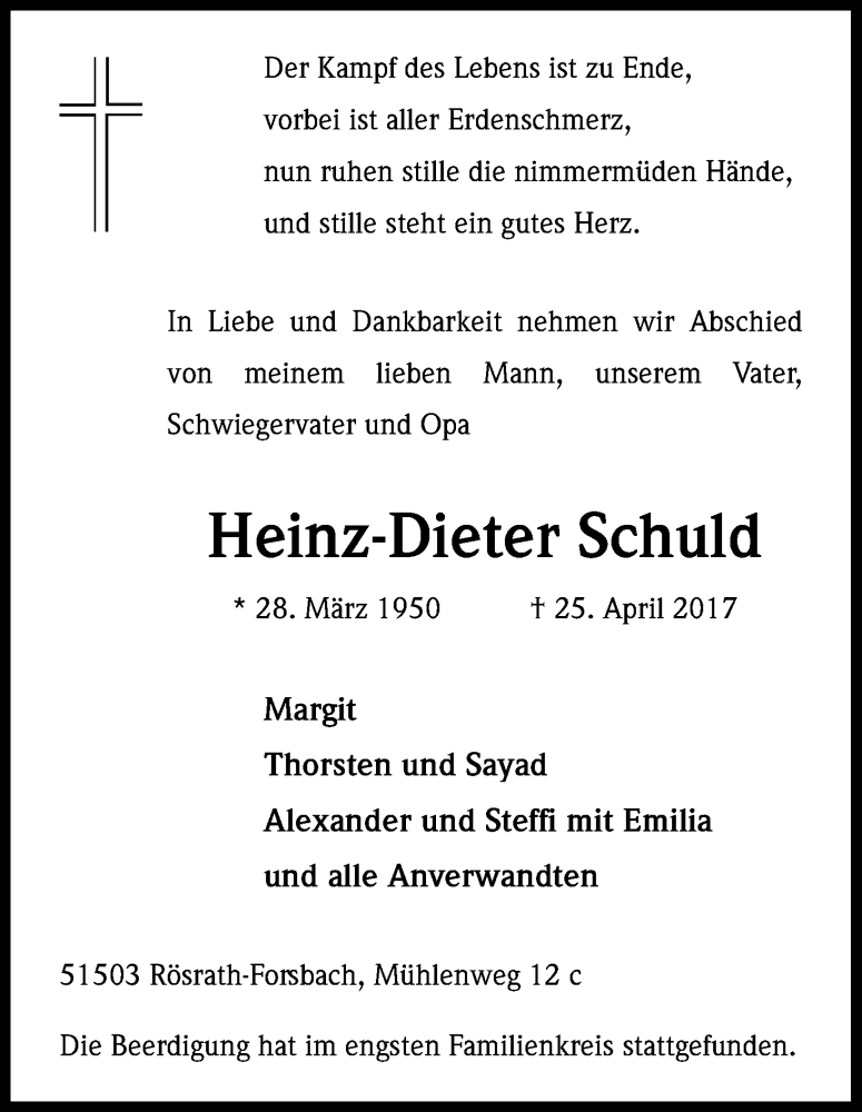  Traueranzeige für Heinz-Dieter Schuld vom 06.05.2017 aus Kölner Stadt-Anzeiger / Kölnische Rundschau / Express