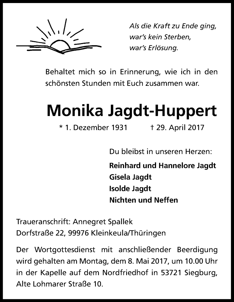  Traueranzeige für Monika Jagdt-Huppert vom 05.05.2017 aus Kölner Stadt-Anzeiger / Kölnische Rundschau / Express