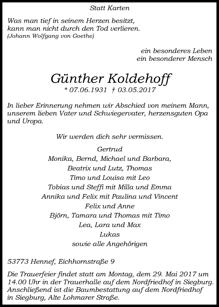  Traueranzeige für Günther Koldehoff vom 20.05.2017 aus Kölner Stadt-Anzeiger / Kölnische Rundschau / Express
