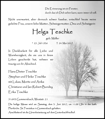Anzeige von Helga Teschke von Kölner Stadt-Anzeiger / Kölnische Rundschau / Express
