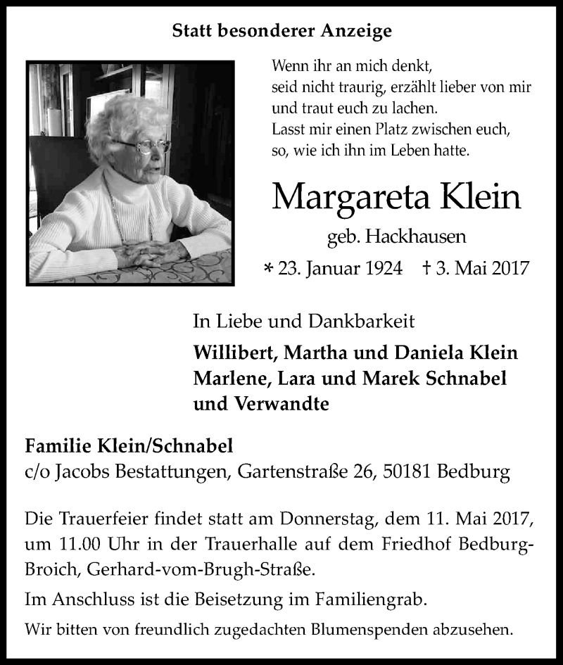  Traueranzeige für Margareta Klein vom 06.05.2017 aus Kölner Stadt-Anzeiger / Kölnische Rundschau / Express