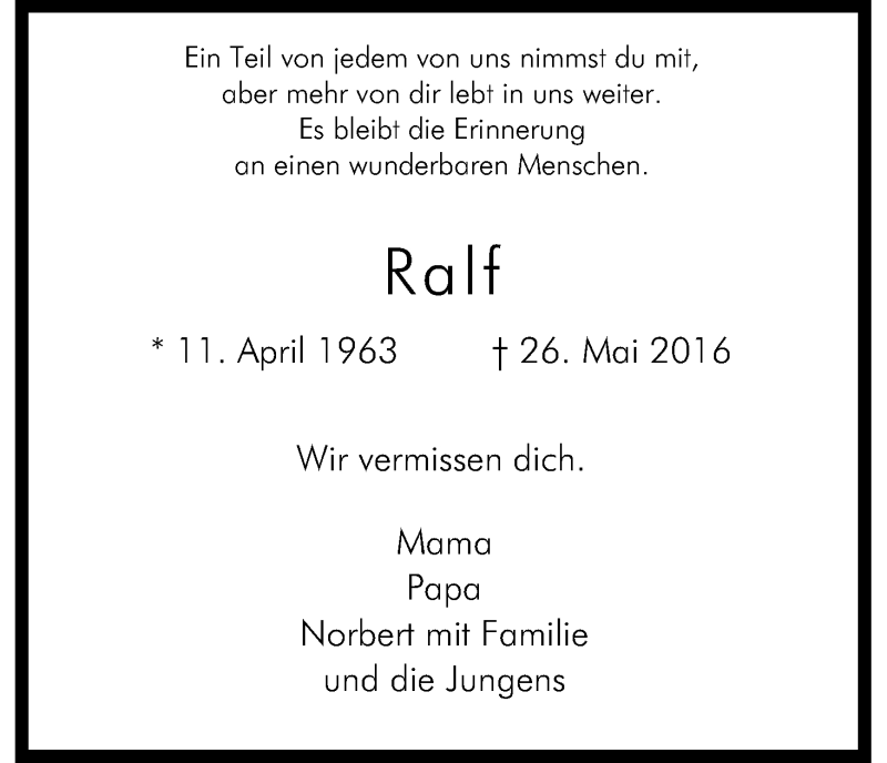  Traueranzeige für Ralf Ketterer vom 27.05.2017 aus Kölner Stadt-Anzeiger / Kölnische Rundschau / Express