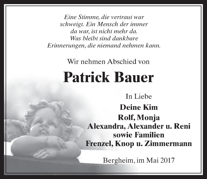  Traueranzeige für Patrick Bauer vom 31.05.2017 aus  Werbepost 