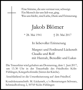 Anzeige von Jakob Blömer von Kölner Stadt-Anzeiger / Kölnische Rundschau / Express