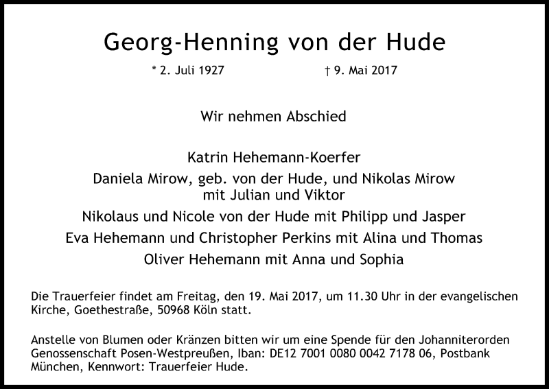  Traueranzeige für Georg-Henning von der Hude vom 13.05.2017 aus Kölner Stadt-Anzeiger / Kölnische Rundschau / Express