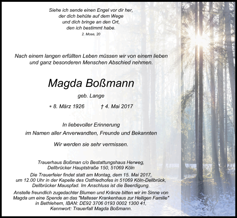  Traueranzeige für Magda Boßmann vom 13.05.2017 aus Kölner Stadt-Anzeiger / Kölnische Rundschau / Express