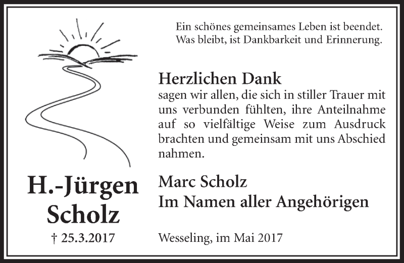  Traueranzeige für H.-Jürgen Scholz vom 24.05.2017 aus  Schlossbote/Werbekurier 